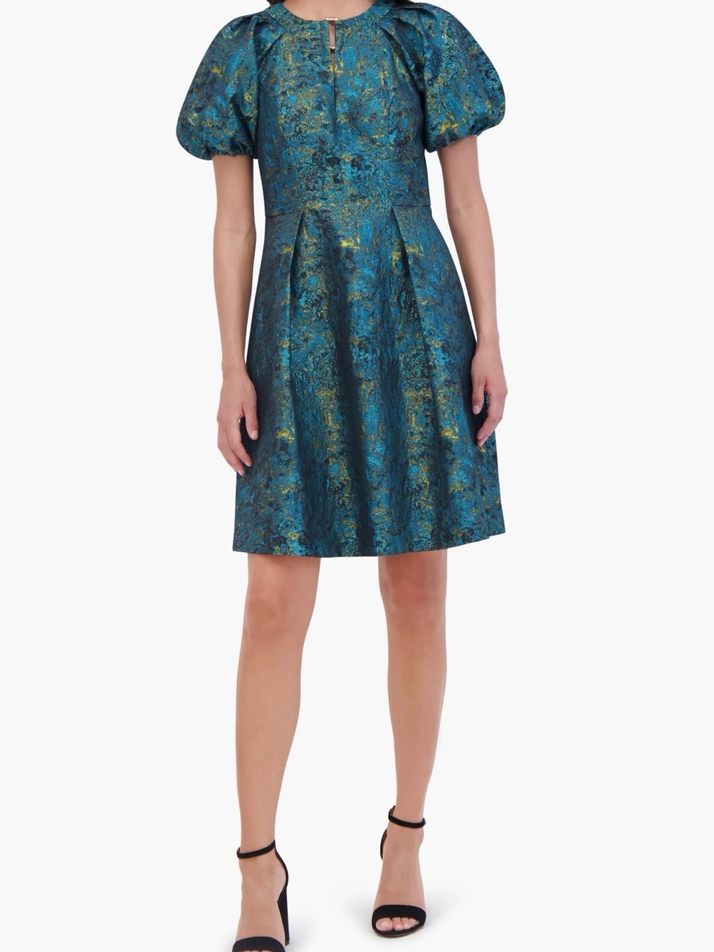 Vince Camuto Teal and Gold Metallic Brocade Puff Sleeve Dress